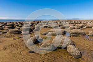 Sea eroded boulders protrude from the sand at Old Hunstanton beach, Norfolk, UK photo