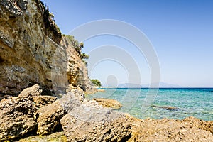 Sea erosion of rugged cliffs on rocky coastline