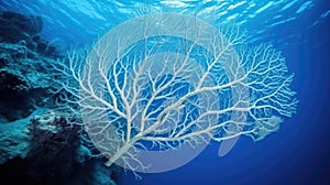 Sea fan and coral reef. Marine life, close up underwater background, exotic underwater landscape. AI illustration