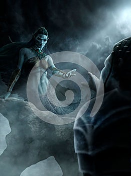 The sea fantasy creature, mysterious siren with long hair extends her hand to the man, luring him to her. A dark mermaid