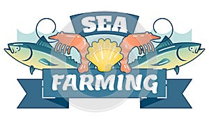 Sea Farming Aquaculture, illustrated vector logo badge