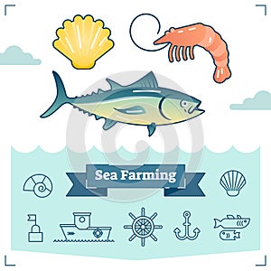 Sea Farming vector illustration collection with marine life elements and outline icon set. Aquaculture industry.