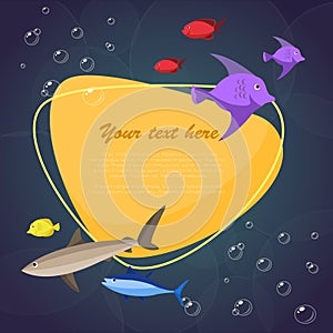 Sea fish on bright background with place for your text. Vector illustration