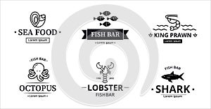 Sea fish logo. Fresh marine food. Black silhouette emblem for deep maritime business with water animals. World ocean