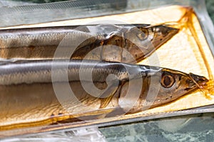 Sea fish saury in vacuum packaging