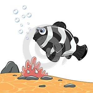 Sea fish swimming and blowing bubbles. Cartoon black fish isolated on sea landscape. Marine underwater world with plants on sand