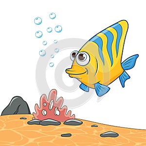 Sea fish swimming and blowing bubbles. Cartoon Coral fish isolated on sea landscape. Marine underwater world with plants on sand