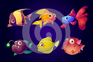 Sea fish, tropical colorful aquarium creatures set