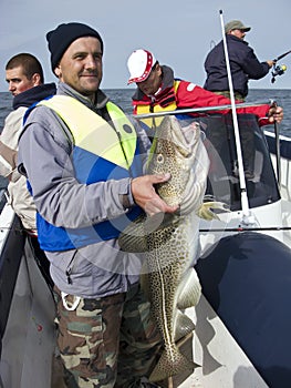 Sea fisherman with huge cod