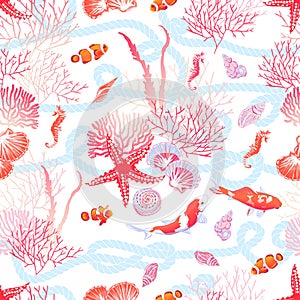 Sea with fishes, red star, shells, seahorse, algae seamless vector print