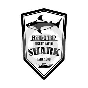 Sea fishing. Emblem template with shark fish. Design element for logo, label, sign, poster.