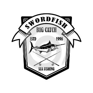 Sea fishing. Emblem template with swordfish and crossed fishing rods. Design element for logo, label, sign, poster.