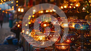 A sea of flickering candles and glowing markets creating a warm and inviting ambiance within the bazaar. The intricate