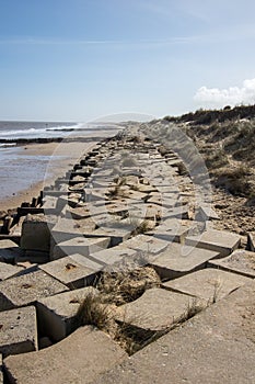 Sea flood defence concrete blocks along East coast of England
