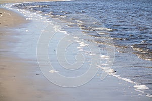 Sea foam along beach shoreline at sunrise or sunset