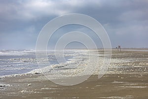 Sea foam along the coast from rough waves after a big storm