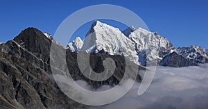 Sea of fog in the Gokyo Valley and peaks of Ama Dablam, Cholatse and Tobuche