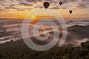 The sea of fog at sunrise Can see the Laos side of the Mekong River In Nong Khai province, Thailand