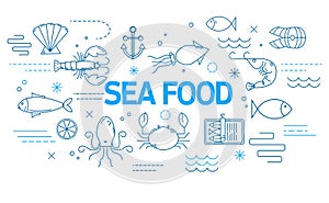 Sea food banner in modern style with thin line icons.