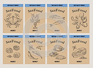 Sea food banner. Retro hand drawn labels price templates. Vector tags for shop or market. Organic food illustration photo