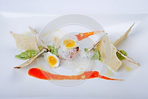 Sea food with fried scallop and quail egg