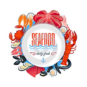 Sea food label with tuna, salmon, clams, crab, lobster and so. Vector illustration, isolated on white, eps 10.