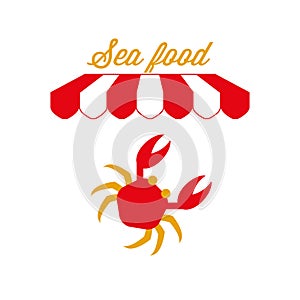 Sea Food Market or Restaurant Sign, Emblem. Red and White Striped Awning Tent. Vector Illustration