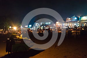 Sea food restaurants on Jimbaran beach in Bali, Indonesia