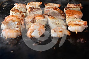 Sea food, salmon fish and shrimps barbecue