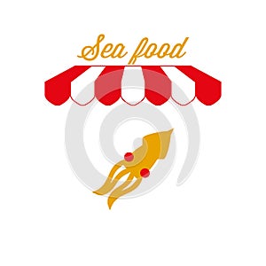 Sea Food Sign, Emblem. Red and White Striped Awning Tent. Vector Illustration