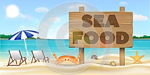 Sea food wood board sign on sea sand beach