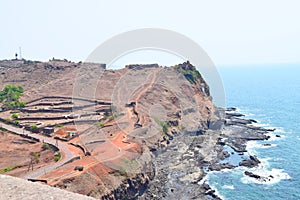 Sea Fort - View of Arabian Sea and Lighthouse from Ratnadurg Fort, Ratnagiri, Maharashtra, India...