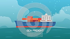 Sea freight cargo container sailing ship cartoon vector illustration. Seagoing freight transport with loaded container photo