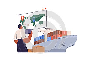 Sea freight concept. Cargo, goods in containers loaded on carrier ship. Supply chain, digital smart logistics manager