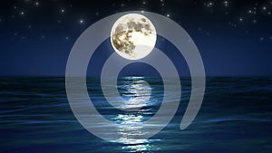 Sea and Full Moon. Night Sky with Flashing Stars. Beautiful Relaxing Looped Animation. HD 1080