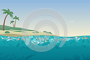 Sea garbage in polluted water. Dirty ocean beach with trash and plastic on sand and under water surface vector