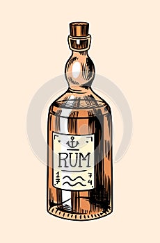 Sea glass bottle of rum. Nautical or marine alcohol, ocean drink of pirates and sailors. Hand drawn monochrome retro