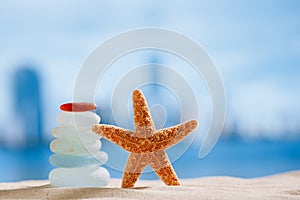 Sea glass and starfish with ocean , beach and cityscape