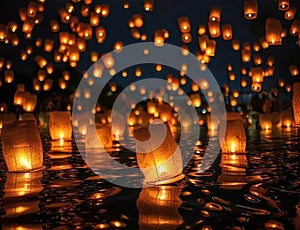 A Sea of Glowing Lanterns: A Stunning Reflection Over Water. Generative Ai