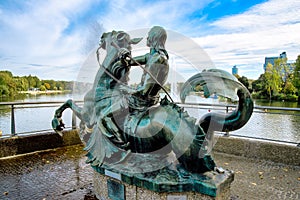 Sea god fountain at the Woehrder See recreation area, Nuremberg.