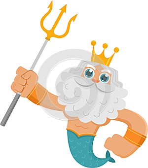 Sea God Poseidon Neptune Cartoon Character Holds Trident