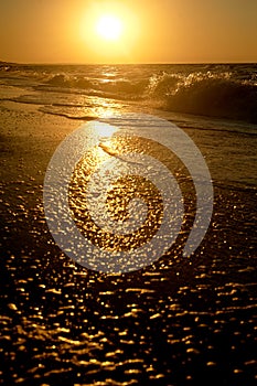 Sea Golden sunset.Waves run on the sandy shore.