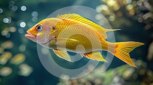 sea goldie fish swimming in water with blurred coral background