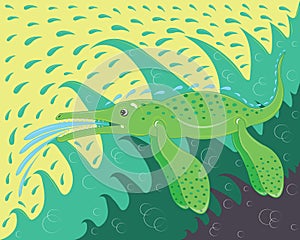 The sea green dinosaur floats in sea waves