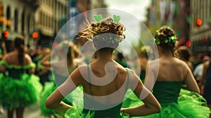 A sea of green floods the city as people don their favorite St. Patricks Day attire from fourleaf clover headbands to photo