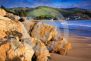 Sea and green hills landscape