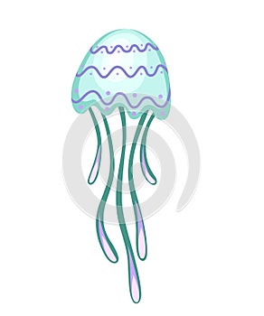 Sea green jellyfish with pattern. Tropical underwater animal. Medusa aquatic organism, cartoon style design. Flat 