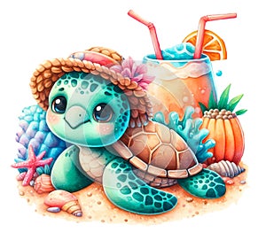 Sea green turtle on a transparent background. Children\'s illustration. Watercolor