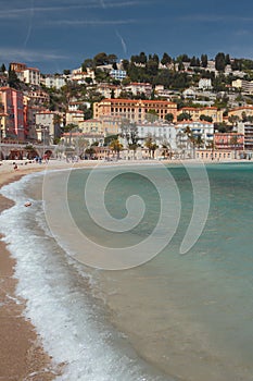 Sea gulf and city on hill. Menton, Nice, France