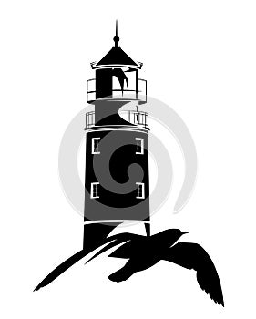 Sea gull bird and lighthouse tower black and white vector outline